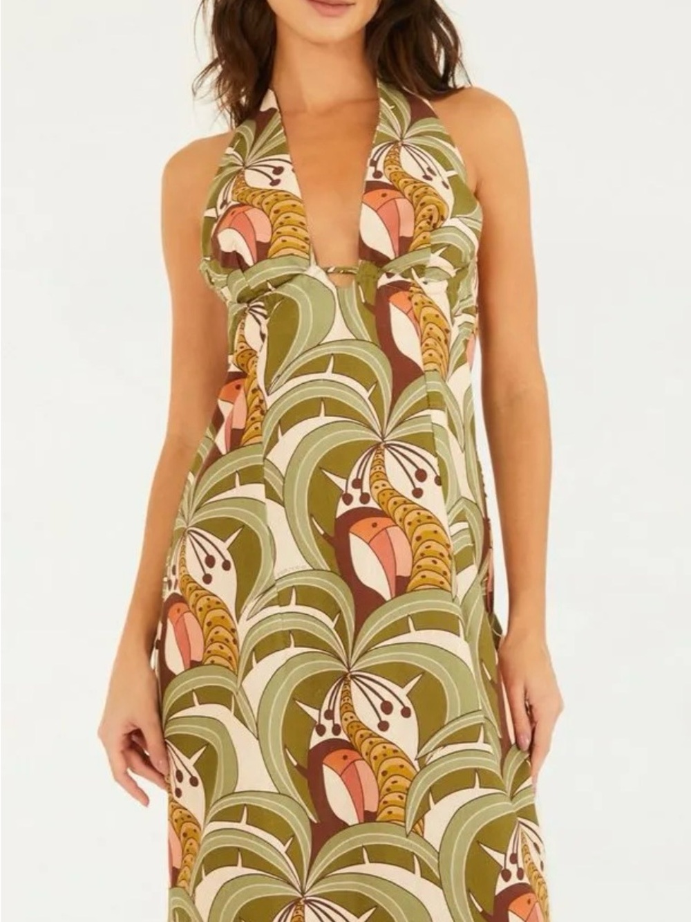 FARM Rio Olive Multi Retro-Print Halter Maxi Dress - Picture 2 of 4